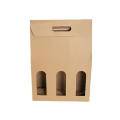 Wine Box Handle & Window 3 Bottles Kraft (26.5x9x39.5cmH)