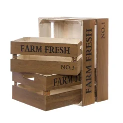 Wooden Crate "Farm Fresh" Set 3 Rustic Brown (41x31x19cmH)