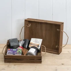 Wooden Crate Tray Rope Handle Set 2 Dark Brown (43x34x10cmH)