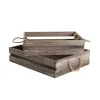 Wooden Crate Tray Rope Handle Set 2 Washed Brown 43x34x10cmH