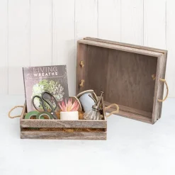 Wooden Crate Tray Rope Handle Set 2 Washed Brown 43x34x10cmH