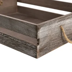 Wooden Crate Tray Rope Handle Set 2 Washed Brown 43x34x10cmH