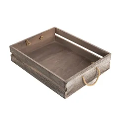 Wooden Crate Tray Rope Handle Set 2 Washed Brown 43x34x10cmH