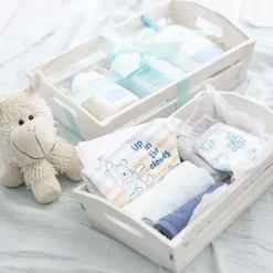 Wooden Hamper Tray with Slats White Wash (32x20x10cmH)