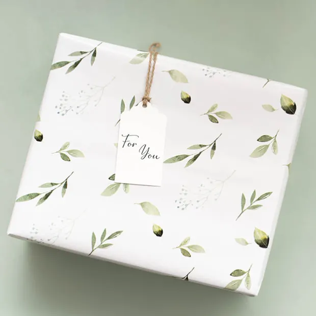 Wrapping Paper Roll Leaf Sprays Print Gloss White (70cmx25m)