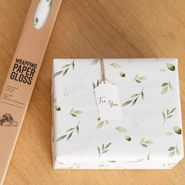 Wrapping Paper Roll Leaf Sprays Print Gloss White (70cmx25m)