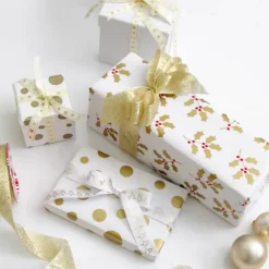Wrapping Paper Roll Scatter Dots Gold on White (50cmx50m)